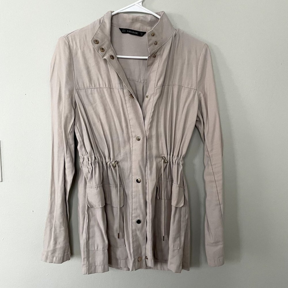 Zara Basic tan cream jacket button down pockets elastic sides trendy classic